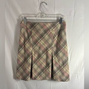 VTG Wool Blend Pleated Plaid Preppy Cream+Pink Knee Length Skirt Size S